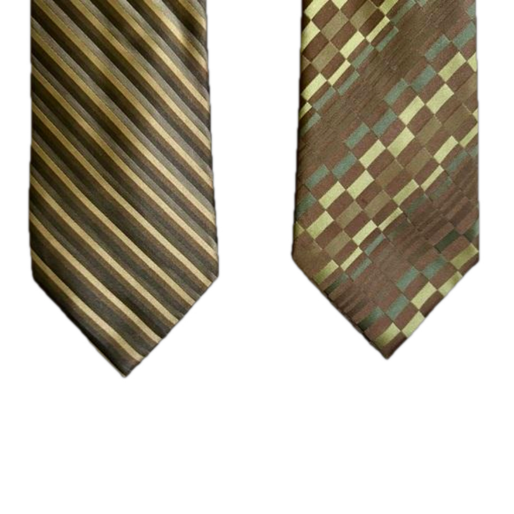 Set of 2 Joseph Abboud Mens Silk Ties Green Geometric Gold Taupe Neutral Stripes